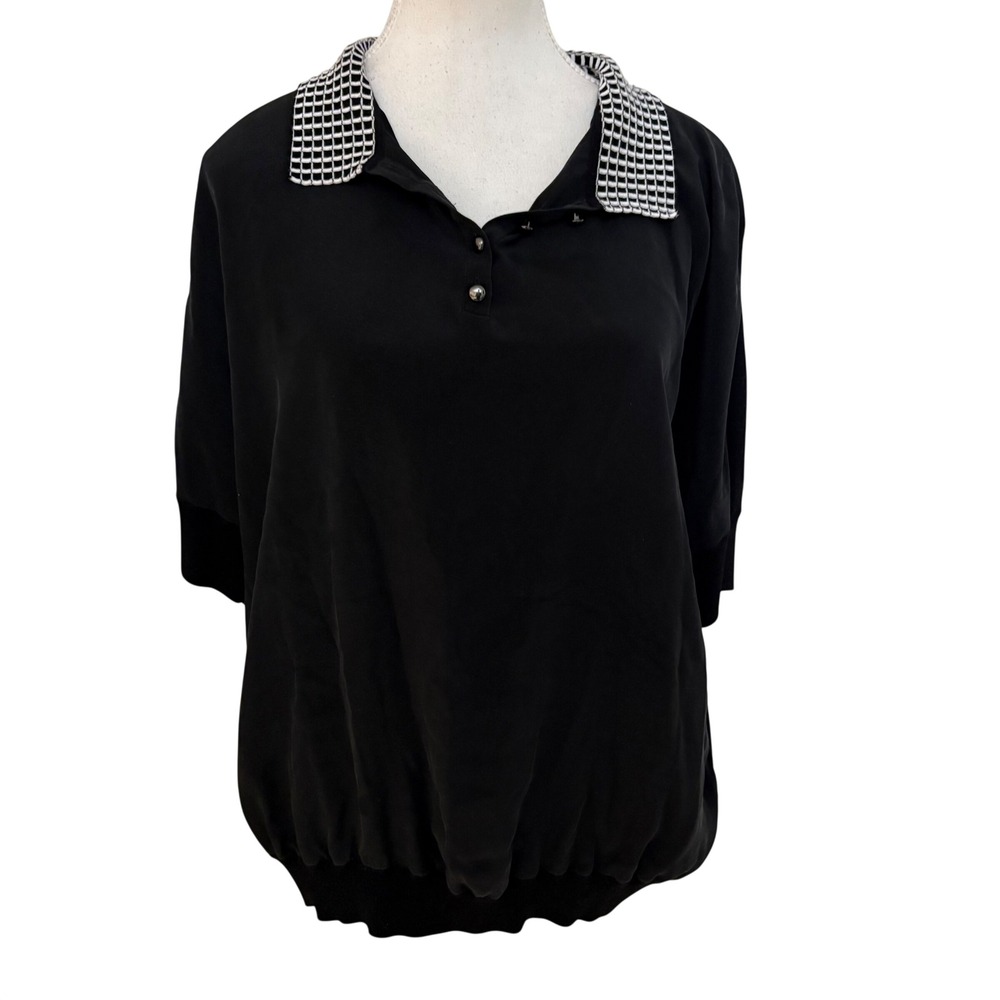 ST JOHN Black Polo Silk Blend Short Sleeve Top Size L